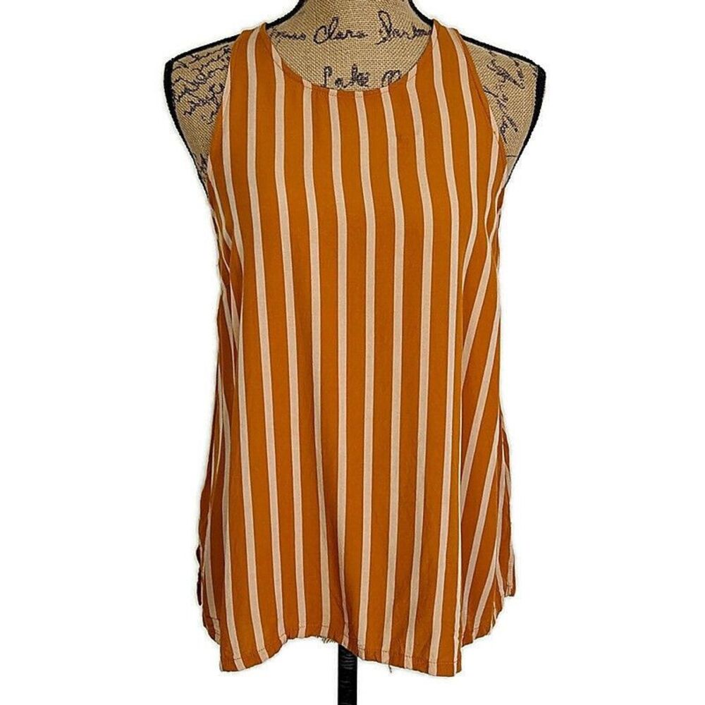 Old Navy Womens sz M Tank Top Yellow Stripe Sleeveless Button Keyhole Open Back